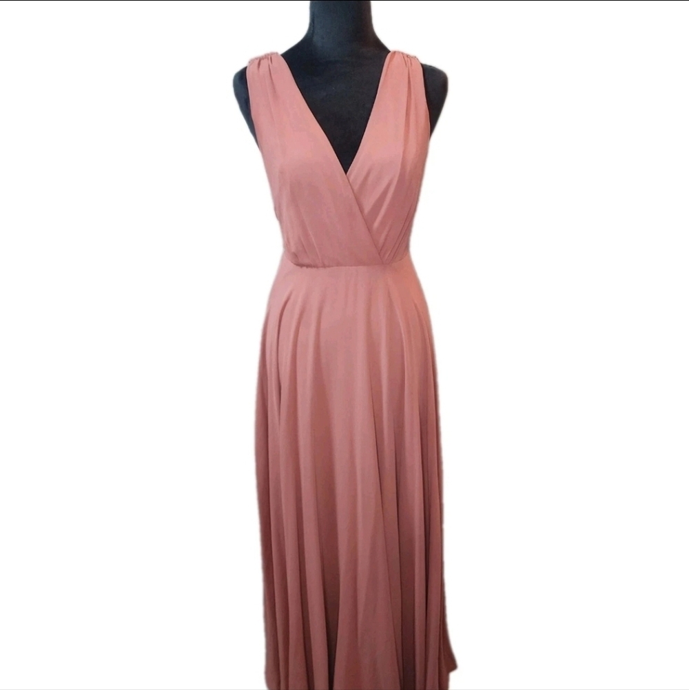 Lulu’s Dance the Night Away Dusty Rose Backless V-Neck Chiffon Maxi Dress Size S